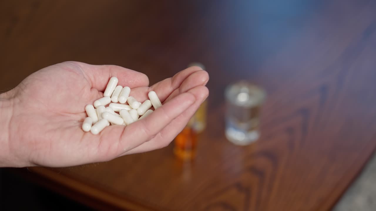 un montón de pastillas blancas cayendo en la mano caucásica, alcohol en la mesa en el fondo