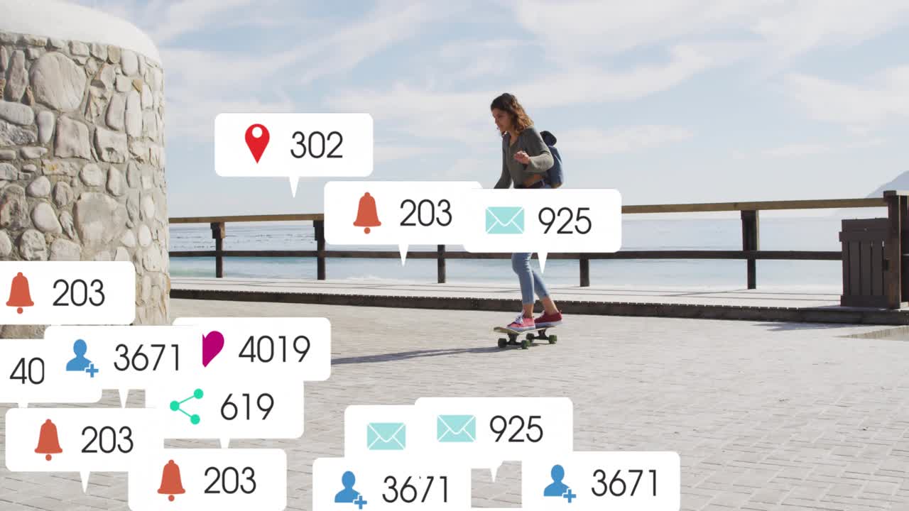 Skateboarder pushing off seaside promenade, activating social media icons showing engagement growth