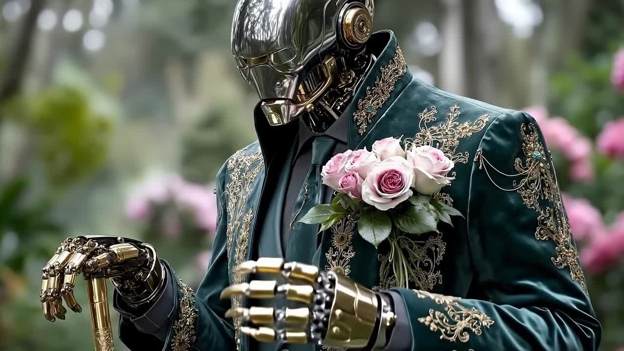 손에 꽃을 들고 있는 슈트를 입은 남자