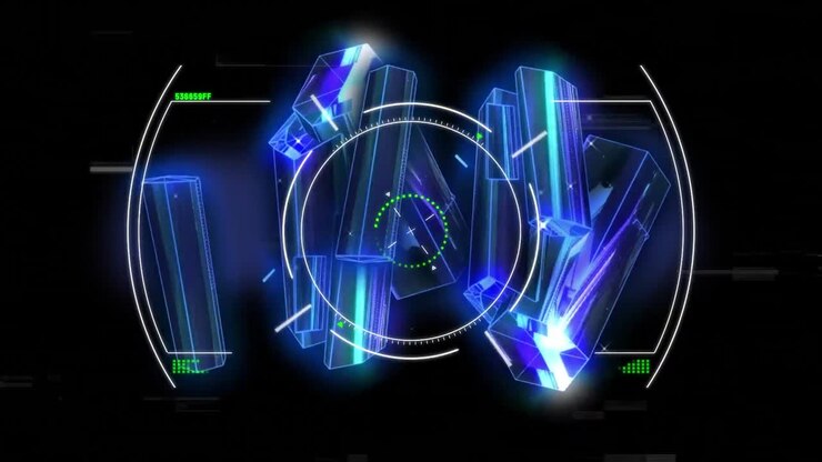 Animation of interference over scope scanning and blue crystals on black background