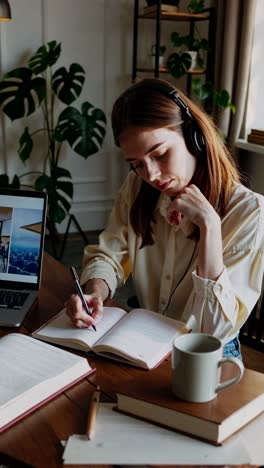 a cozy, well-lit room with a woman studying at a wooden table video