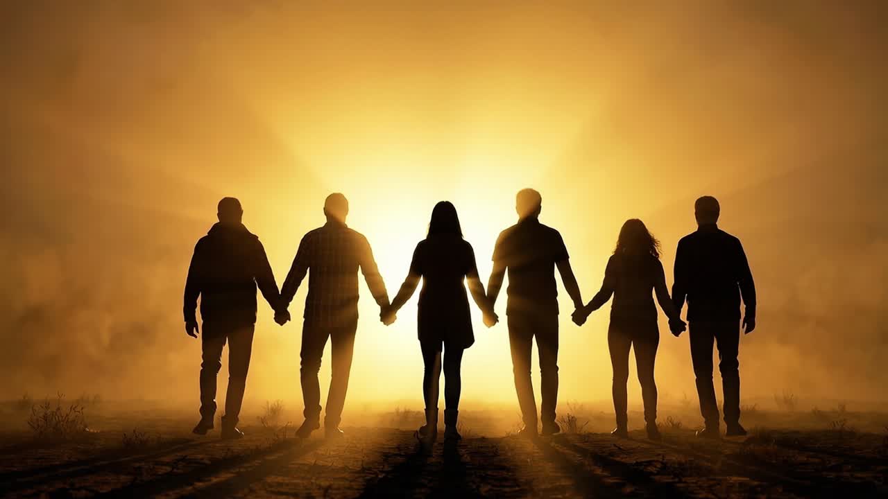 Silhouetted people holding hands and walking together toward bright sunrise through dust in open landscape