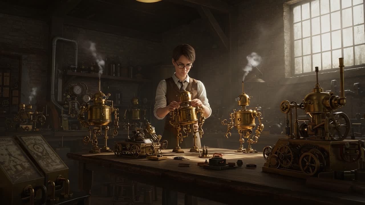 Intricate Workshop Scene Featuring a Skilled Artisan Assembling Steampunk Robots Amidst a Collection of Brass Gadgets and Mechanical Innovations in a Vintage Setting