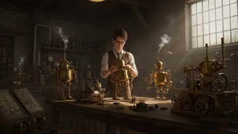 intricate workshop scene featuring a skilled artisan assembling steampunk robots amidst a collection of brass gadgets and mechanical innovations in a vintage setting