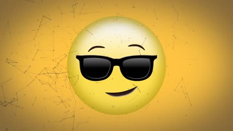 Digitale-Animation-Des-Netzwerks-Von-Verbindungen-über-Dem-Gesicht-Mit-Sonnenbrille-Emoji-Auf-Gelbem-Hintergrund