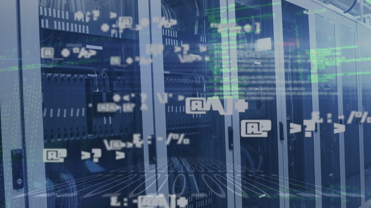 animación de la placa de circuitos informáticos y procesamiento de datos en la sala del servidor