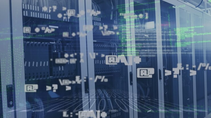 Animation of computer circuit board and data processing over server room