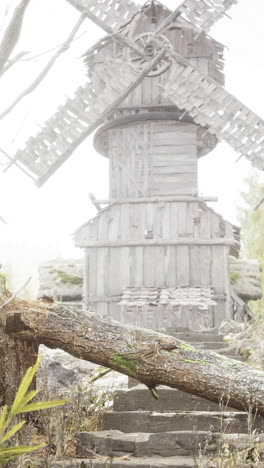 old wooden windmill in the fog