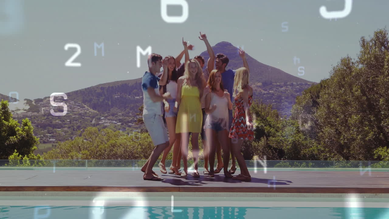 Group of friends dancing by pool with floating letters and numbers animation