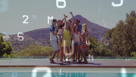 Group of friends dancing by pool with floating letters and numbers animation