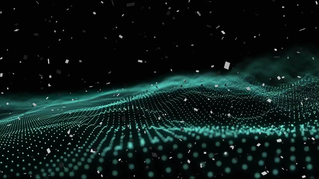 Animation of white confetti falling over undulating landscape of contoured blue dots