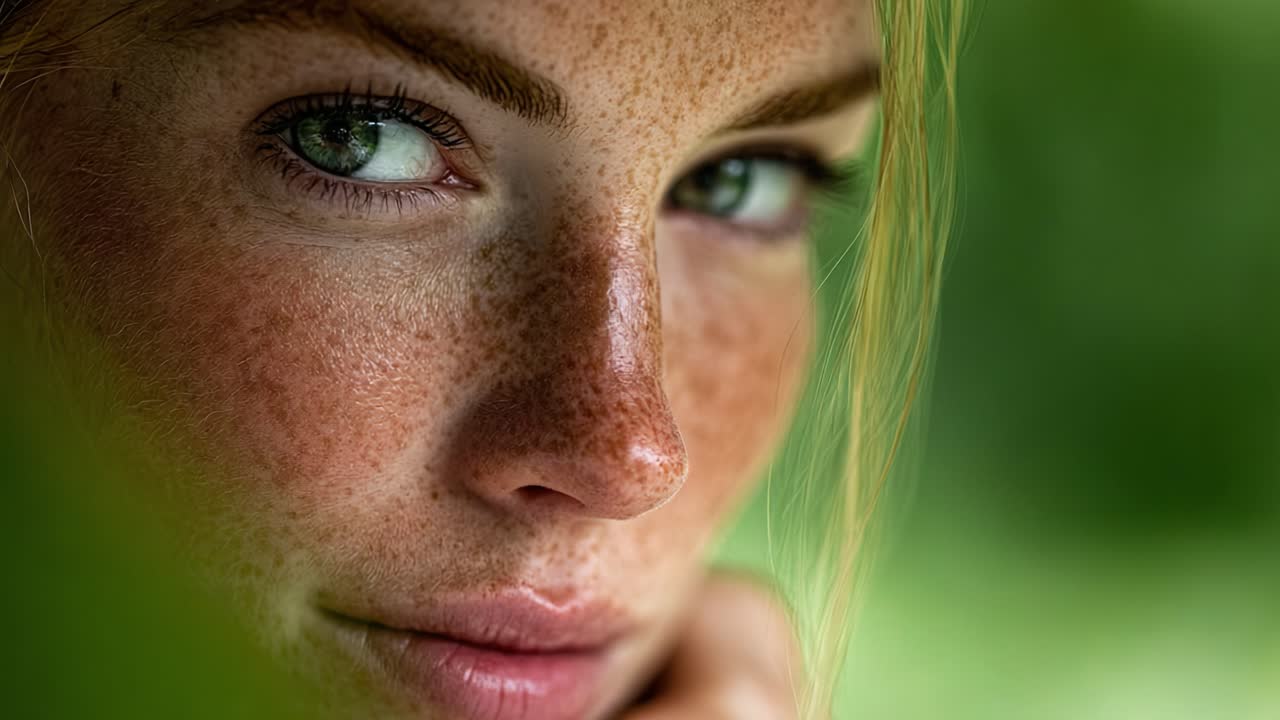 Capturing the Beauty of Radiant Skin: A Close-Up Portrait Featuring Striking Green Eyes and Charming Freckles Surrounded by Lush Greenery