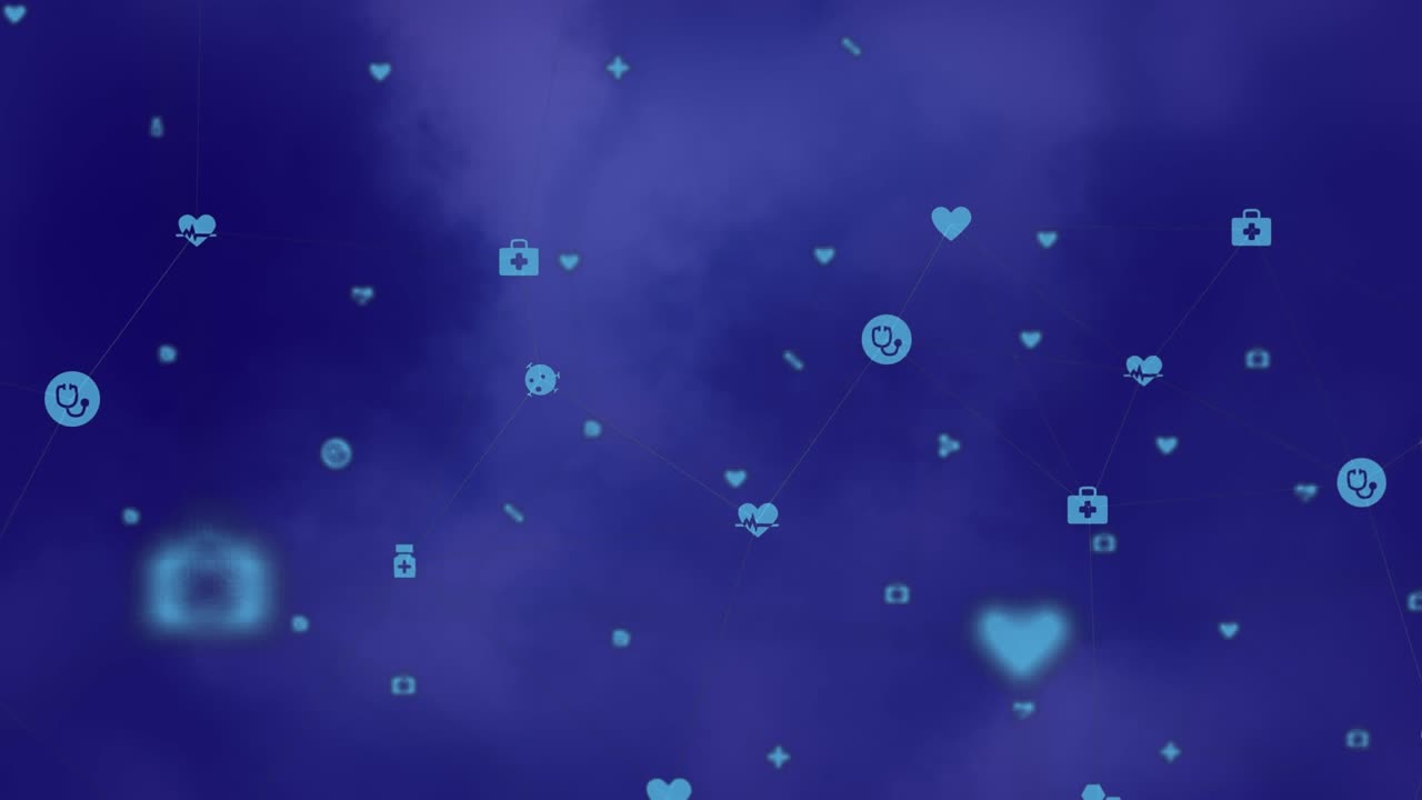 Animação de rede de conexões com ícones em plano de fundo azul