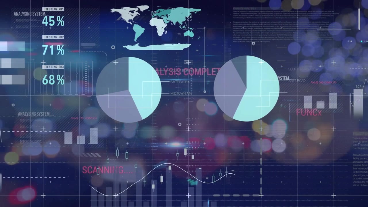 Animation of data processing on charts and graphs over bokeh city street at night