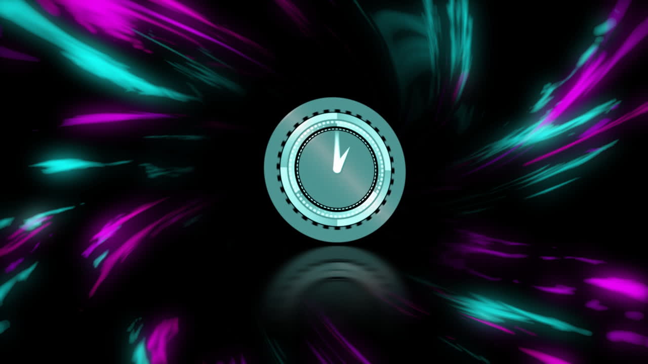 animación de un reloj digital con un patrón de aire multicolor contra un fondo negro