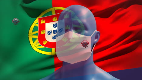 bandera portuguesa ondeando contra la cabeza humana modelo con máscara facial