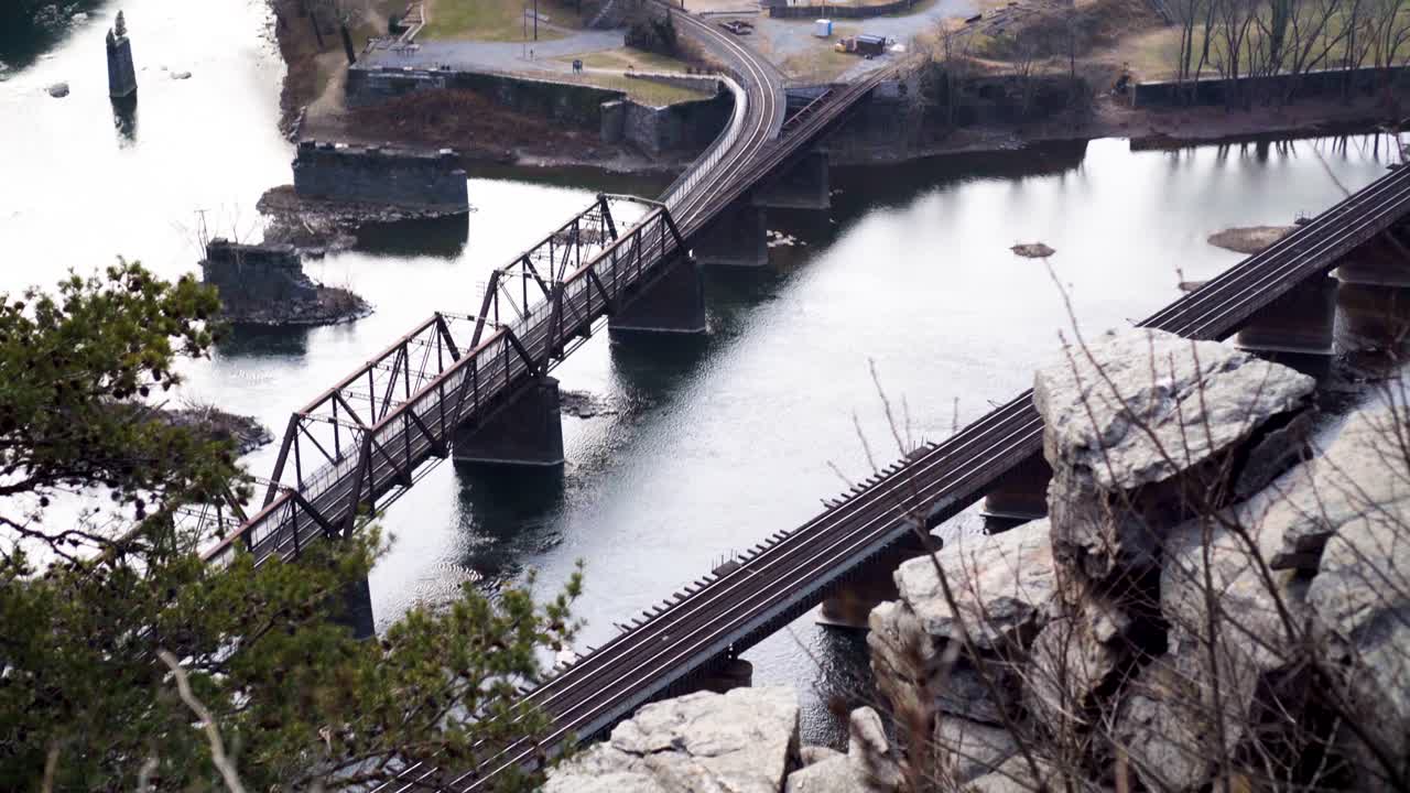 Town with River and Railroad Bridge