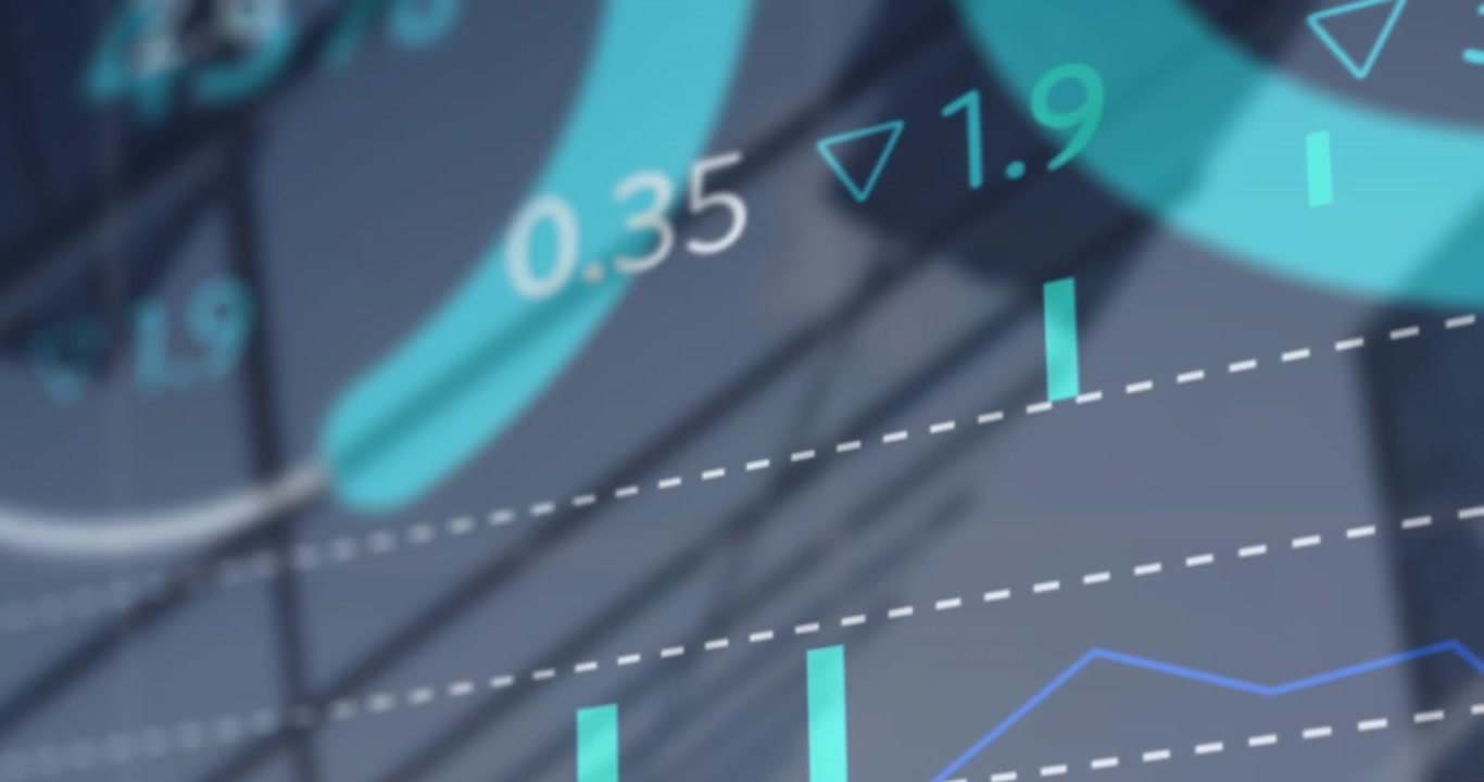 Animation of stock market data processing against tall building