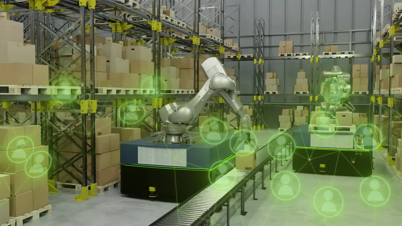 Robotic arm sorting packages in warehouse with green holographic icons animation