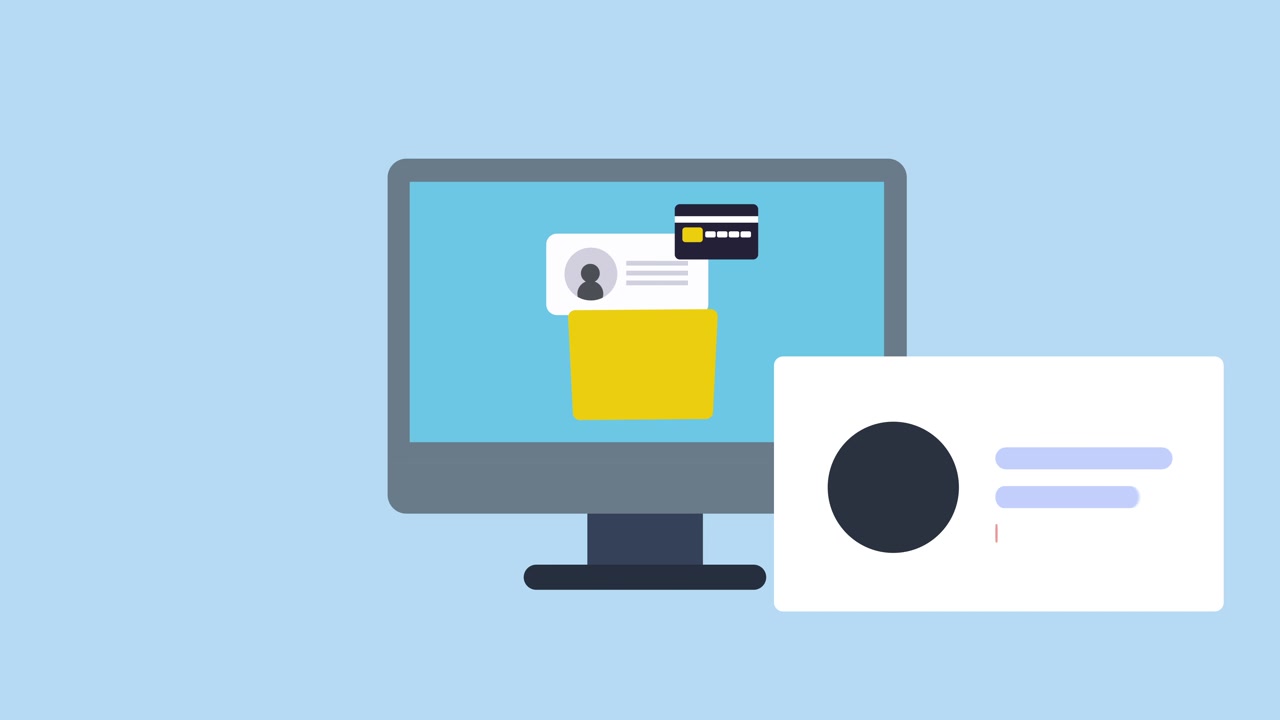 Monitor di computer animato che mostra file digitali e informazioni di pagamento