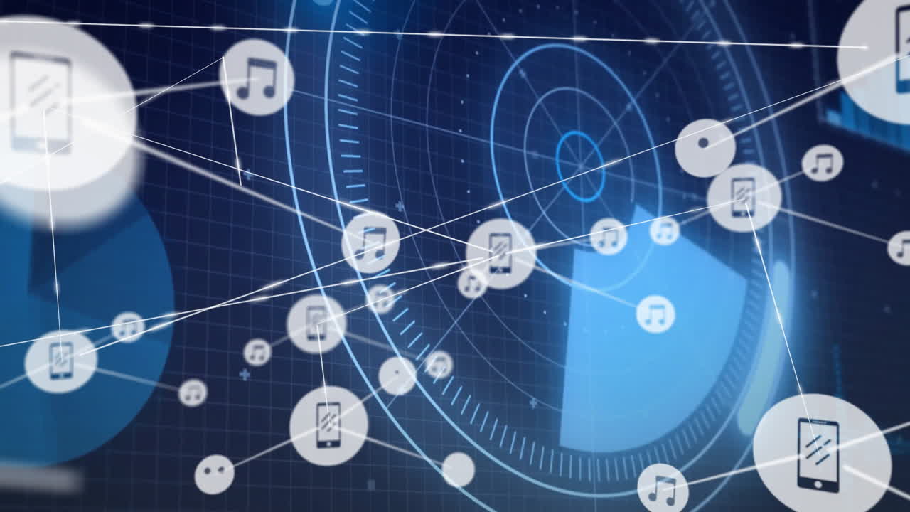 Digital animation of music and smartphone icons on futuristic blue interface