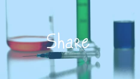 Animation-of-share-over-syringe-with-reagent-falling-on-blue-background-with-lab-glasses