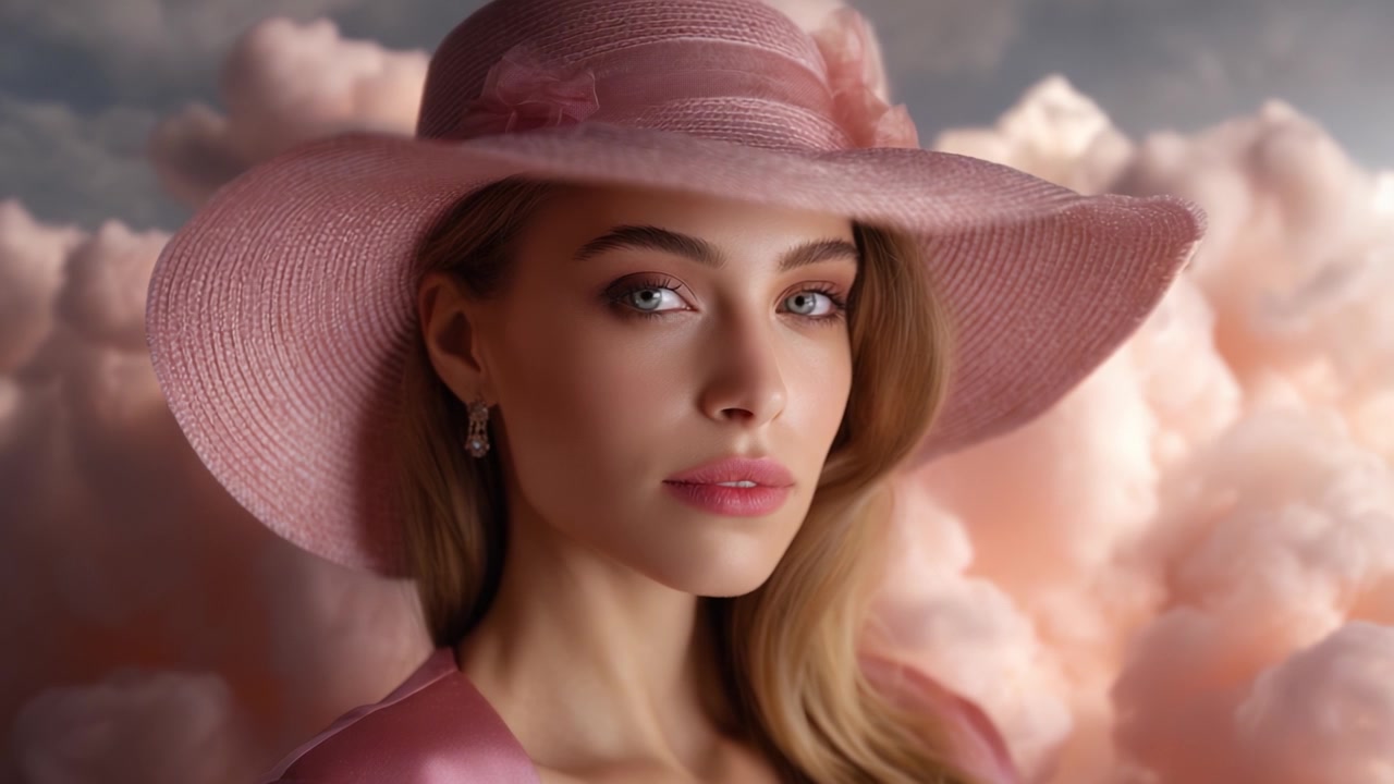Un ritratto accattivante di una donna con un cappello rosa su uno sfondo di nuvole sognanti, che fonde eleganza e fantasia in un'atmosfera morbida ed eterea
