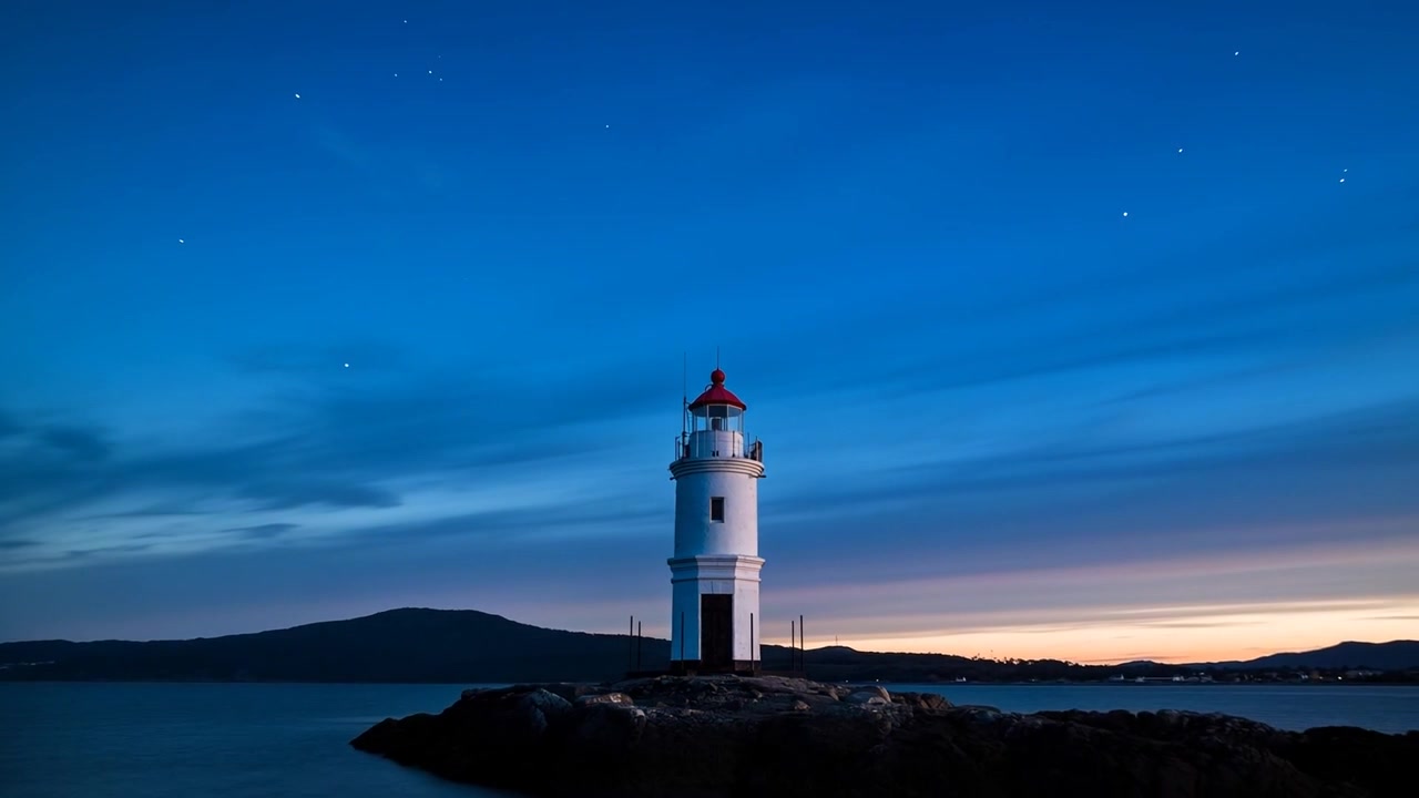 La telecamera si allontana rivelando un faro bianco su un isolotto roccioso al crepuscolo, mostrando il mare e le stelle.