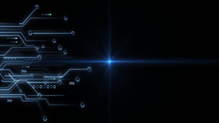 Animazione di un circuito stampato di computer su scie luminose su sfondo nero