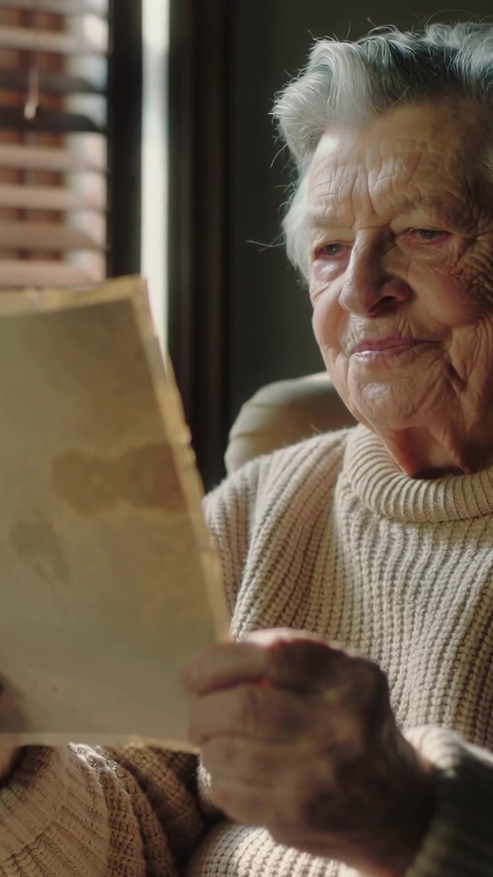 Vertical video: Holding aged paper, senior reading, remembering in chair by blinds, knit sweater