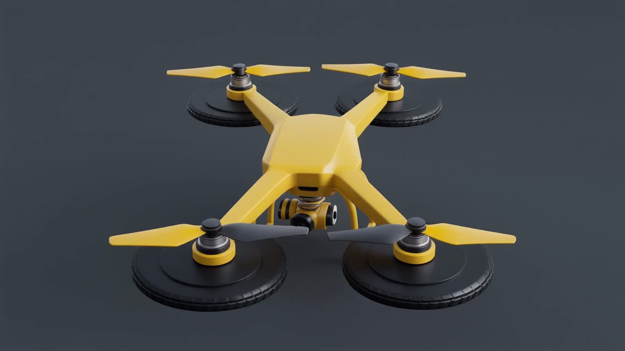 Gul 3D-renderad drönare med snurrande propellrar roterande på mörk bakgrund