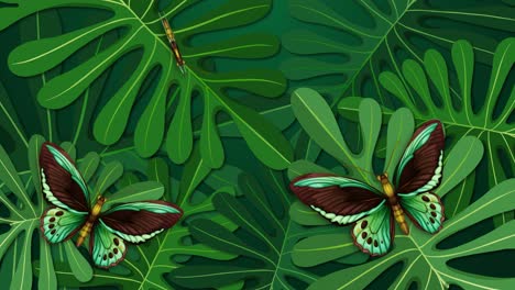 animated butterfly flutters over lush green leaves.