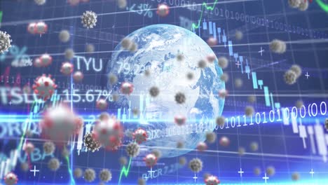 animation of macro covid-19 cells floating with a globe model and charts