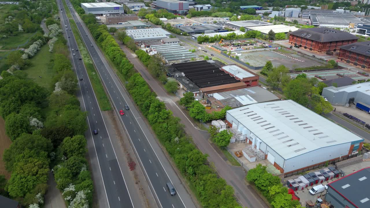 Aerial footage of modern industrial estate logistics and quantum data facility in UK