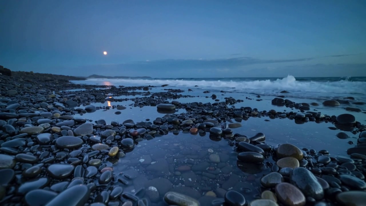 Rippling foreground pebbles and tide pool reacting to waves from right at shoreline moon reflection