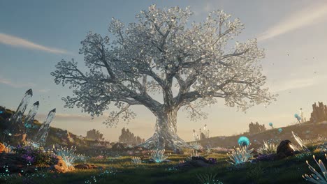 a stunning crystal tree surrounded by enchanted flora and fauna illuminates a magical landscape at dusk, creating a serene and captivating scene
