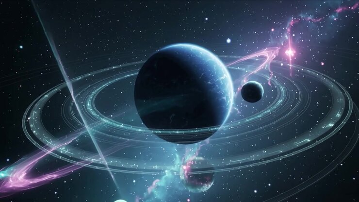 Panning camera starting sweep around ringed world in space, showing teal-pink nebula and column