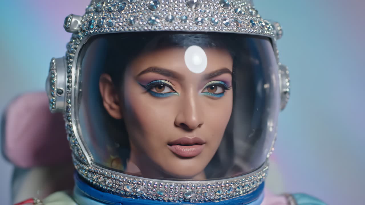 Woman in Decorated Astronaut Helmet with Creative Makeup