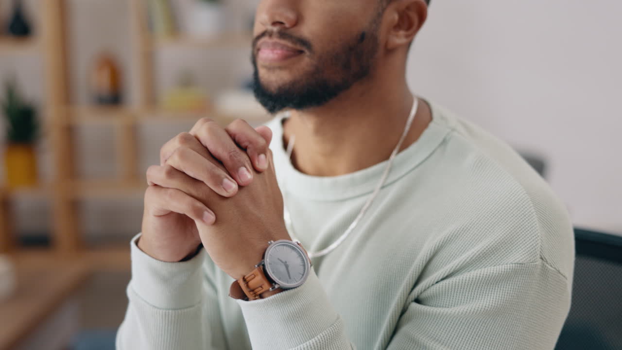 Young man hands praying, faith