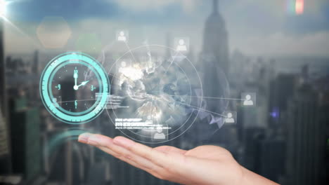 animation of digital interface with clock over cityscape