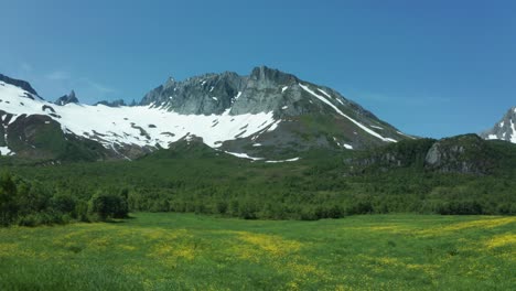 aerial dolly of a snow-capped mountain in norway, surrounded by lush green fields and a clear blue sky during summer