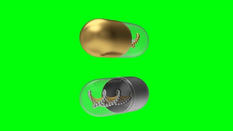 animación en 3d de la rotación de pastillas de oro y plata con adn en una pantalla verde. 4k