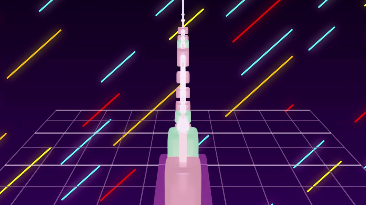 Strisce al neon che si muovono avviando un'orbita della telecamera, candele pastello che appaiono e si collegano, tracciando una linea di tendenza.