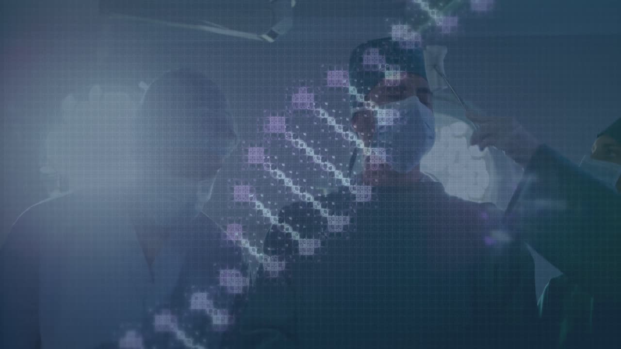 animación de la cadena de adn sobre cirujanos caucásicos con máscaras faciales