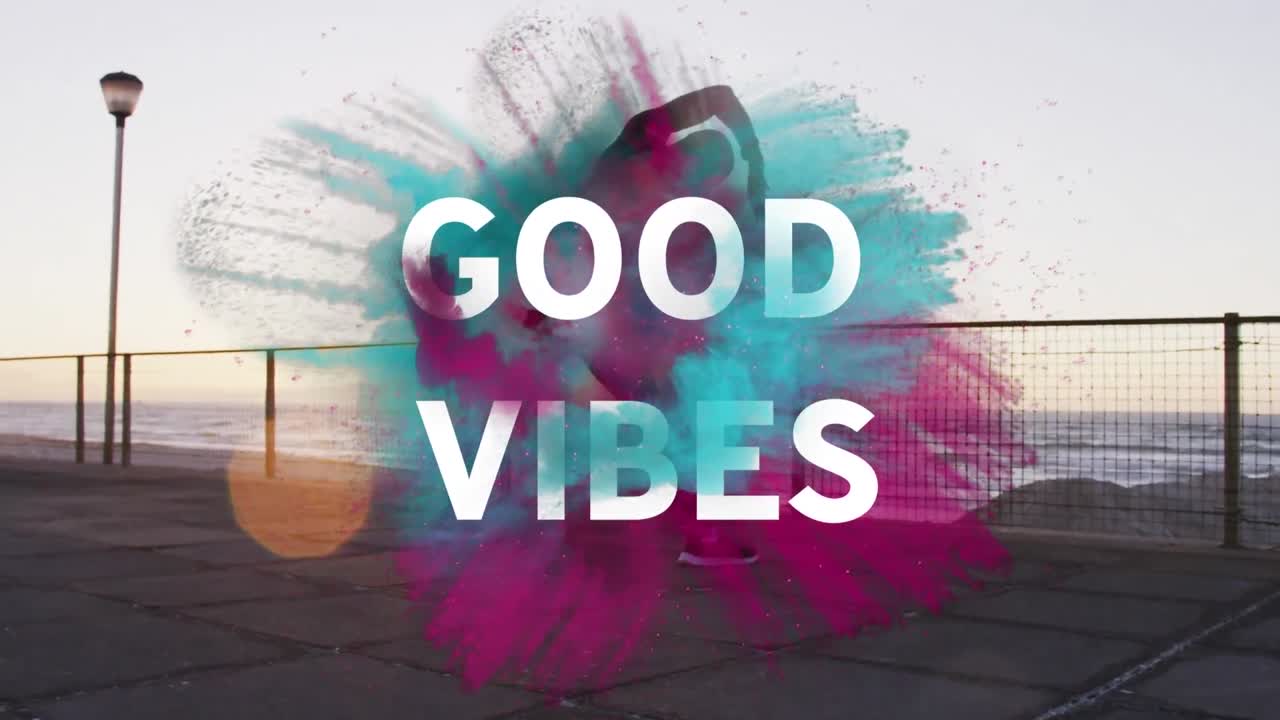 카우카시안 남자가 산책로에서 점프하는 좋은 진동의 애니메이션 텍스트