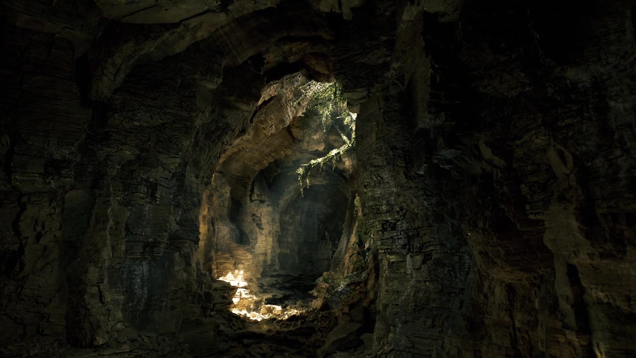 Paisagem subterrânea acidentada iluminada por luz de artefato histórico para pesquisa