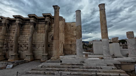 Ruins-of-Roman-Basilica-in-Athens-city-on-cloudy-day