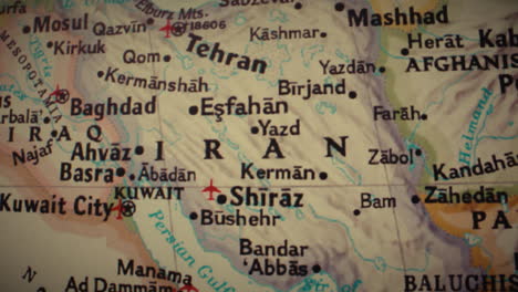 close-up view of a political map focused on iran and surrounding countries
