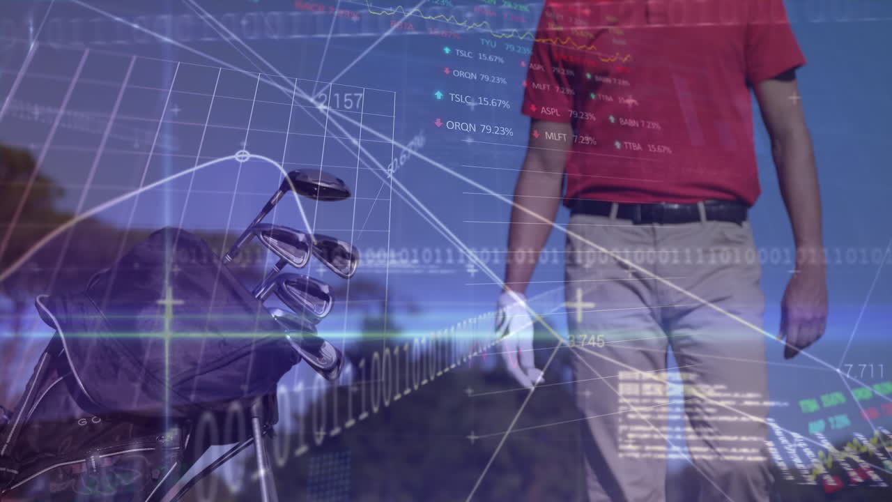 Animation of data processing over caucasian male golf player