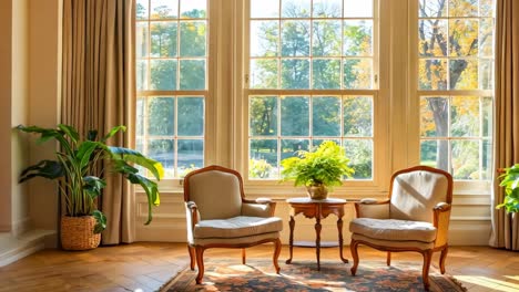 a living room with two chairs and a table in front of a large window